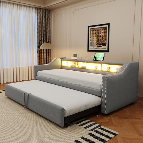 Polsterbett Tagesbett Gästebett 90x190, Schlafsofa Multifunktionsbett mit Ausziehbett&LED&USB&Staufach, Einzelbett Doppelbett Daybett Bettgestell mit Lattenrost, Leinenstoff, Ohne Matratze, Hellgrau