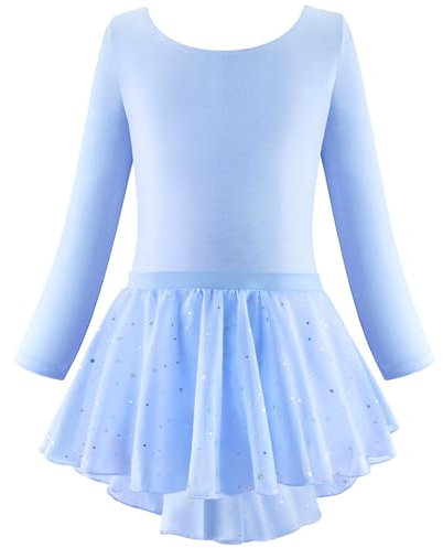 PINTUTU Ballettkleider Mädchen Langarm Ballettkleidung Baumwolle Glitzer Tanzkleid Ballettanzug Kinder Balletttrikot mit Tüllrock 4-12 Jahre