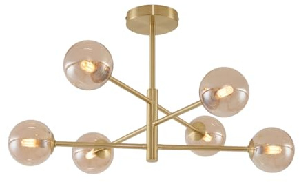 Qazqa Modern Deckenleuchte, Deckenlampe - Ryan - Messing, Gold mit Bernsteinglas, Vintage, 6-flammig, 62cm, Ideal als Flur, Schlafzimmerlampe und Wohnzimmerlampe