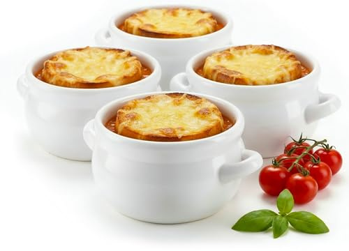 KooK French Onion Soup Crocks with Handles, Ceramic, Dishwasher, Microwave, Oven & Broil Safe, White Set of 4, 18 oz