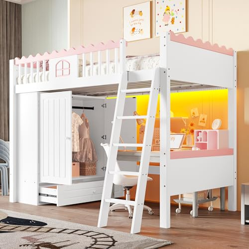 Kebnor Hochbett, Einzelbett, Kinderbett, mit LED-Leuchten, mit Kleiderschrank, mit Ablageschublade, EN747 Zertifiziert, Kiefernholz, 90x200cm, Weiß (Weiß（mit Kleiderschrank）)
