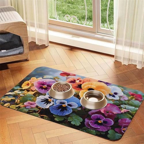 Futtermatte für Haustiere, Stiefmütterchen-Blumen, saugfähig, PU-Leder, für Hunde und Katzen, enthält verschüttete Flüssigkeiten, schützt Böden, rutschfeste Gummi-Unterseite, leicht zu reinigen, 30 x
