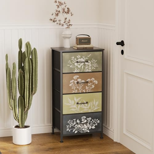 Welfuturer Chest of Drawers with 4 Fabric Drawers Botanical Storage Dresser Tower Unit Organiser with Wood Top Metal Frame for Bedroom Living Room Entryway