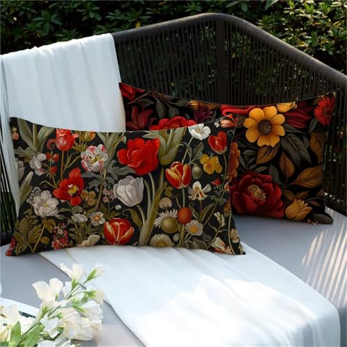 Red Cushion Covers 50x90, Set of 2 Rectangle Outdoor Cushions with Invisible Zip, Large Waterproof Linen Sofa Cushions Chrysanthemum Decorative Pillows for Bed Sofa Patio Garden Bench Farmhouse Y2-289