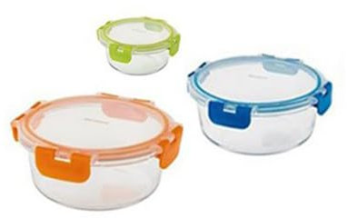 BRANDANI set 3 pezzi contenitore ermetico tondo in vetro borosilicato e pp colori assortiti 3 dimensioni piccolo medio e grande
