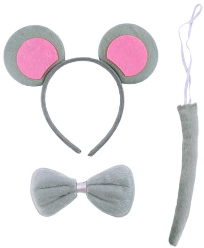 kwinfei Mouse Ears Costume Set Headband for Kids and Adults, Includes Ears Headband, Bow Tie and Tail, Animal Dress Up Accessories for Cosplay, Birthday Party, Carnival, Christmas Fancy Dress