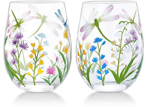 NymphFable Hand Painted Stemeless Wine Glass 18oz Set of 2 Dragonfly Flowers Wine Tumbler Personalised Birthday Gifts for Her