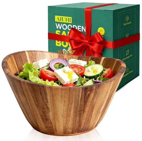 AIUHI Cuencos de madera, ensaladera de madera de acacia, cuencos de madera ondulada grande para servir frutas, ensaladas y aperitivos