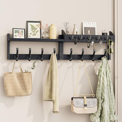 Evermagin 35 Coat Rack Wall Mount with Shelf, 4 in 1 Coat and Key Hanger with 13 Metal Hooks, Entryway Wall Mounted Shelf with Mail Holder for Living Room, Bedroom, Black