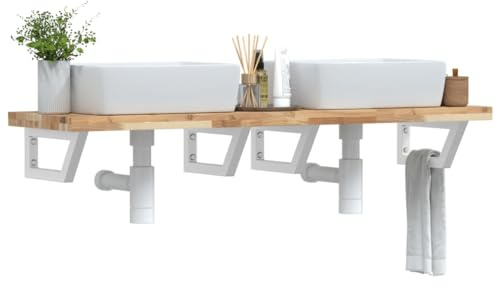Qnhdfrt Handwaschbecken Regal aus Akazienholz Massiv 140 x 40 cm Wandmontage Weiß Stahl Trapezform 100 kg Belastbar Modernes Design Platzsparend für Badezimmer Küche Flur