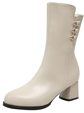 Moda Mujeres Cuero Sintético Color sólido Tacones cuadrados Cremallera Botines medianos Zapatos de punta redonda, Blanco, 40 EU