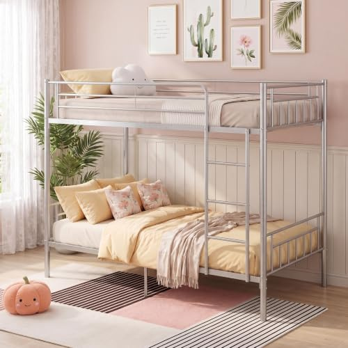 Panana Twin Over Twin Steel Bunk Beds Frame with Ladder,3FT Single Metal Bunk Bed Bedroom Dorm Room for Kids Adult (Silver Grey)