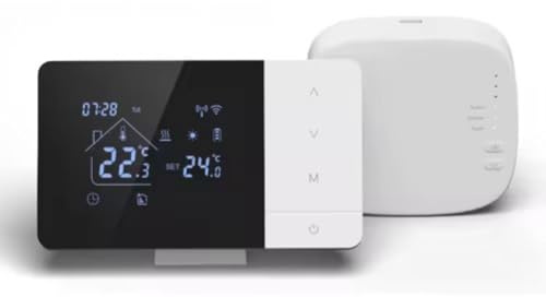 BlesConi Thermostat de chaudière sans fil avec application et commande vocale pour chauffage et refroidissement, programmable, compatible avec Tuya et Smart Life, noir et blanc (sans Wifi)