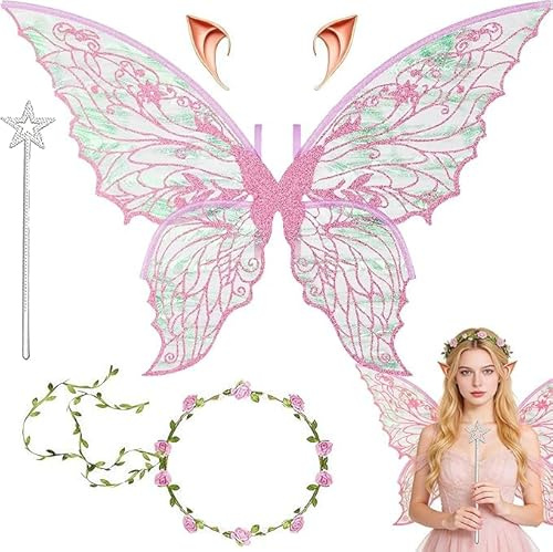 Feenflügel Kostüm,Schmetterlingsflügel Feen Kostüm Damen,Feenflügel Erwachsene,Fee Stirnband und Sterne Feenstäbe mit Elfenöhren für Karneval Halloween Kostüm Geburtstag Cosplay Comic Con Themed Party
