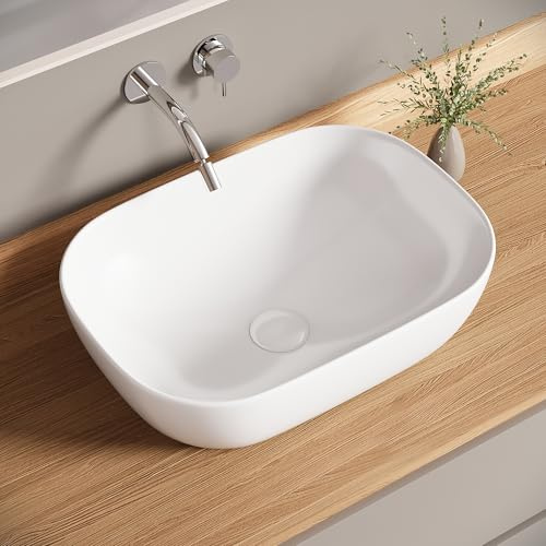 Bazyths Lavabo sobre Encimera Blanco de Cerámica Lavabo Moderno para Baños de Invitados Restaurante Aseo (46x33.5x13.5 cm)