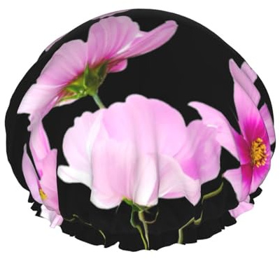 Gorro de ducha con estampado de hojas rosas para mujer, reutilizable, impermeable, doble capa, con correa elástica, talla única