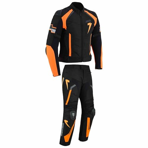 BOSmoto Motorrad Textilanzug Herren – 2-teilige Motorradkombi mit Protektoren, Jacke & Motorradhose,Motorradkombi mit Protektoren (ORANGE, L)