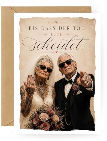Lustige Hochzeitskarte mit Tattoo Brautpaar – originelle Glückwunschkarte zur Hochzeit für Standesamt oder Trauung – freche Hochzeitskarte für moderne Paare – A6 Klappkarte mit Umschlag (Tattoos)
