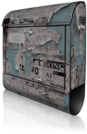banjado Design Briefkasten personalisiert 38,5x46,5x13cm & 2 Schlüssel - Briefkasten Stahl Schwarz Zeitungsfach pulverbeschichtet - Postkasten A4 Einwurf inkl. Montagematerial - Motiv Wand mit Zeitung
