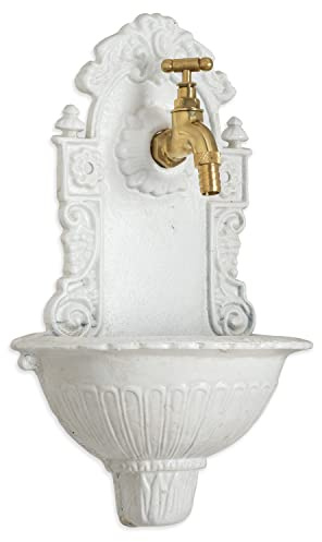 Moritz Wandbrunnen Gusseisen Weiß mit Messing-Wasserhahn Antikstil Garten Deko Außenbereich Wandmontage 39 x 24 x 13 cm Nostalgie Wasserspender für Terrasse oder Balkon
