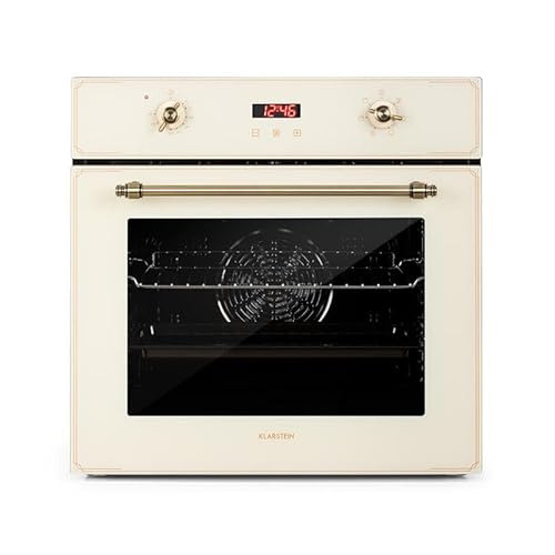 Klarstein Elizabeth - Elektrischer Einbaubackofen, Retro-Design, 70L, EEK A, Autark, Umluft/Ober- / Unterhitze/Grill, 2200 Watt, 50-250 °C, Drehregler und Türgriff in Messingoptik, creme