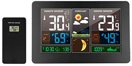 ACHNC Station Météo Intérieur Extérieur sans Fil, Digital WiFi Thermomètre Hygromètre Baromètre Station Météo Intérieur Extérieur avec Capteur Extérieur, Phase De Lune, Chargement USB, Noir