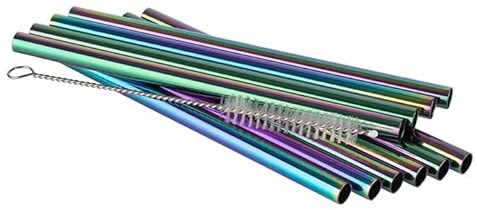 Buddy´s Bar - Wiederverwendbare Trinkhalme, 10 Strohhalme im Set + 1 Reinigungsbürste, spülmaschinenfest, umweltfreundlich, nachhaltig & plastikfrei, 15 cm Länge, Regenbogen-Look
