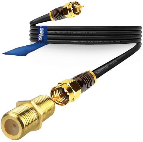 1STec 4m Long Black Gold Plated Male to Male Super Fast Virgin Media Webro RG6 Extension Cable with Female Joining Coupler for V6 TIVO Set Top Box or VIVID Fibre Super Hub Broadband Modems 4 Metre