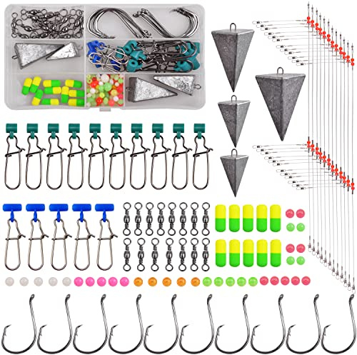 SILANON SalzwasserSurfAngelausrüstungsSet, 96teilig, Surf Fish Finder Rig Pompano Rigs Making Kit Pyramid Sinker Gewichte Sinker Slide Snell Posen Leaders Angelhaken Wirbel für Salz Strand