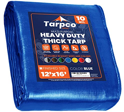 Tarpco Safety - Tarpaulin Waterproof Heavy Duty(190 g/m²|12′ X 16′ | 3.65m X 4.85m|Blue-10 Mil) UV Resistant, Tear Proof, Protective Poly Tarpaulin with Reinforced Edges for Multi-purpose usage