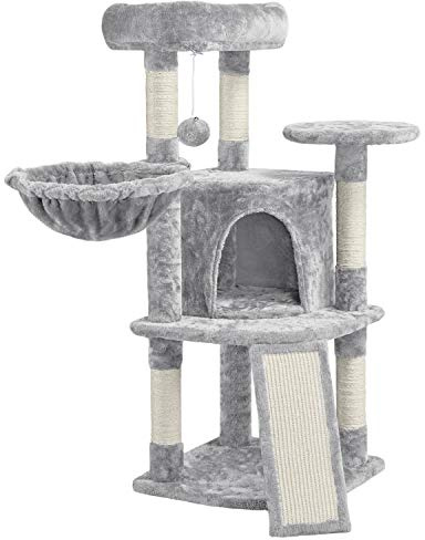 Abician Arbre à Chat Hauteur 107cm Griffoir, Tour de Jeux en Sisal pour Chatons, 3 Plateformes/Panier/Cachette, Multiniveau, Design, Gris Clair
