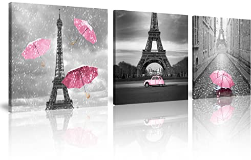 NAN Wind 3 Pcs Black and White Canvas Wall Art for Living Room Bedroom Bathroom Girls Pink Paris Theme Room Decor Oil Painting Print Umbrella Tower Eiffel Painting for Wall Decor Pink (12X12inchX3pcs