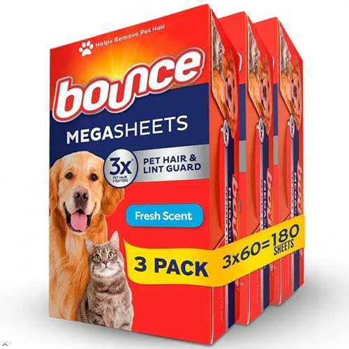Bounce Pet Hair and Lint Guard Mega Torkblad med 3X Pet Hair Fighters, Fräsch Doft, 180 Stycken