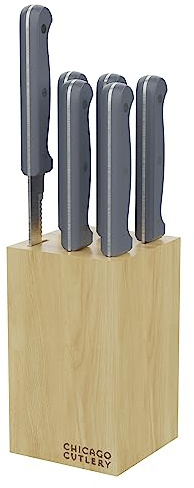 Chicago Cutlery Halsted (7-PC) Steak Knives & Wooden Block Set, Ergonomic Handles and Sharp Stainless Steel Professional Chef Cutlery Set