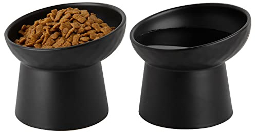 Erhöhte Katzennäpfe aus Keramik, erhöhte geneigte Katzenfutter- und Wassernäpfe, Porzellan, stressfrei, spülmaschinen- und mikrowellengeeignet, 2er-Set (schwarz)