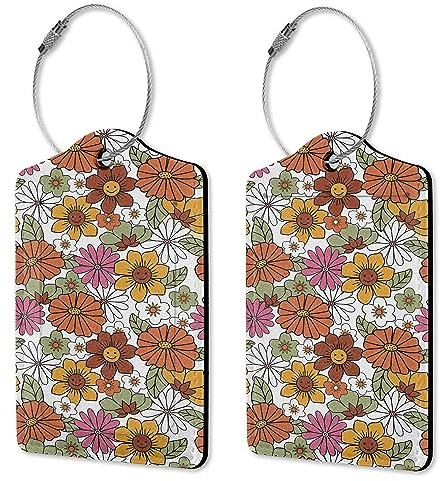 Retro Florl Gepäckanhänger aus Leder für Herren und Damen, Set mit 2 langlebigen Reiseanhängern, Namens-Adress-Etiketten für Koffer, Taschen und Rucksäcke