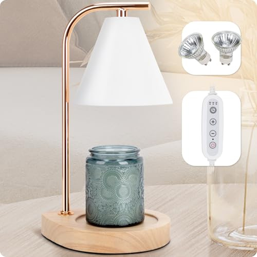 Aimoptg Candle Warmer Lamp with Retro Wooden Base - Home Decor Wax Melt for Small and Large Jar Candles, Candle Heater Lamp with 2 Bulbs, Dimmer and Timer Function-White