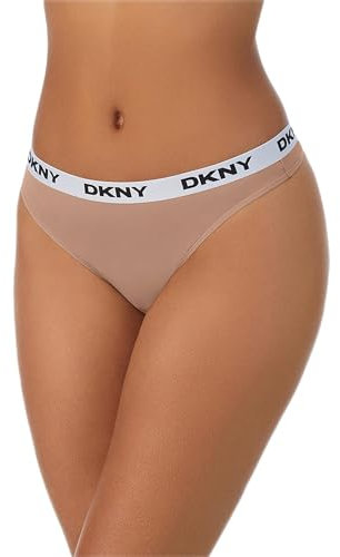 DKNY Women's Microfiber Contrast Logo Thong Panties, Black/Aluminum/Café, M