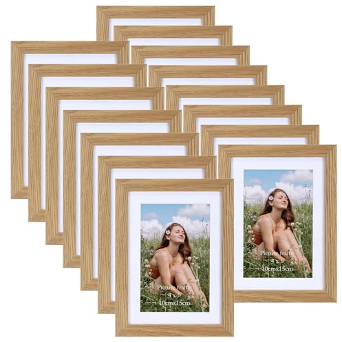 Vasemouh Naturholzfarbene Bilderrahmen 15er-Set, für 10x15 Bilder mit Passepartout oder für Bilder 13x18 ohne Passepartout, Wand- und Tischaufstellung