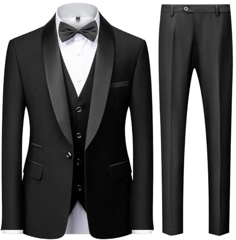 KUDMOL Mens 3 Pieces Suit Slim Fit One Button Shawl Lapel Blazer Vest Trousers Set（Black,L）