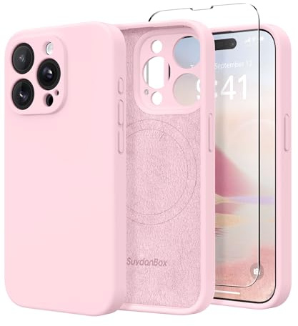 SuydanBox Magnetic for iPhone 15 Pro Max Case, Compatible with MagSafe, [Full Camera Protection][Screen Protector] Silicone Shockproof Protective Phone Case for iPhone 15 Pro Max 6.7, Chalk Pink | Fit for MagSafe, Screen Protector, Full Camera Protection, Silicone Shockproof Protective Phone Case for iPhone 15 Pro Max