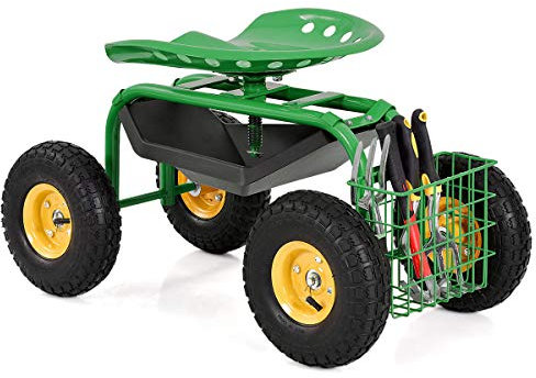 Ironmax Gartenwagen mit Sitz, robuste Gartenarbeitshocker mit höhenverstellbarem Sitz und 25,4 cm großen Rädern, rollbarer Gartenroller für Outdoor, Rasen, Hof, Bepflanzung