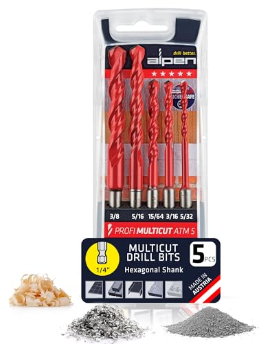 Alpen Multicut-Bohrer-Set, 5-teilig, Bohrer-Set für vielseitiges Bohren in Fliesen, Mauerwerk, Metall, Holz und Kunststoff, langlebiges Hartmetallspitzen-Bohrer-Set mit Sechskantschaft (Hexagonal,