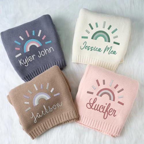ZXH Personalisierbare Babydecke, bestickte Babydecke, Babydecke mit Namen, weiche und atmungsaktive Baumwoll-Strickdecke, Bettdecken, Geschenk für Neugeborene, Geschenk