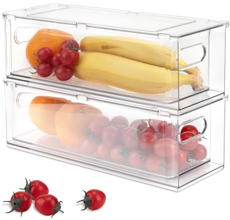Wonlooker 2 Pack Refrigerator Organizer Bins with Pull-out Drawer, Stackable Fridge Drawer Organizer Set with Handle, Clear Plastic Food Storage Containers for Freezer, Cabinet, Kitchen, Pantry