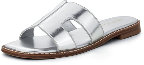 Zhabtuc Sandales Plates Rétro Tendance Pour Femmes, À La Mode – Chaussons De Plage En Cuir, Confortables Pour Le Quotidien En Extérieur, Argenté, 39 EU