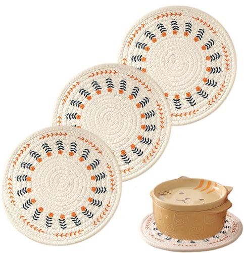GYHWOFUL 3 Stück Topfuntersetzer Set – Boho Baumwolle Faden Weben, Waschbar & Hitzebeständig, Runde Untersetzer für heiße Töpfe, Pfannen & Geschirr, Topflappen für Küche, Kochen & Grillen