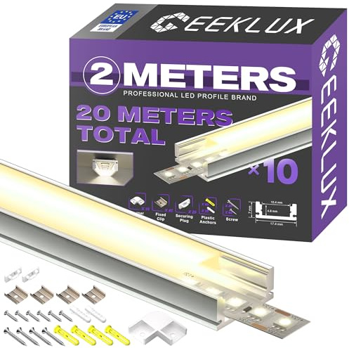GEEKLUX Aluminiumprofile für LED-Streifen sp26 (10x 2 meters (total 20 meters)，Led-Kanäle in U-Form, max. 12 mm, Abdeckung, Cremeweiß, Diffusor, LED, Metallbefestigung, Clips – 2000 x 17,4 x 10 mm