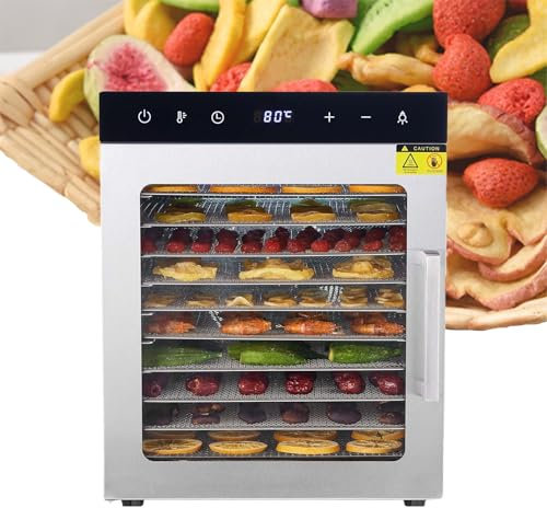 Kindevieft Macchina Essiccatrice per Alimenti Commerciale 800w 10 Vassoi in Acciaio Inox Essiccatore per Alimenti Disidratato con Timer 24, per Carne Secca Erbe Carne Manzo Frutta Verdura