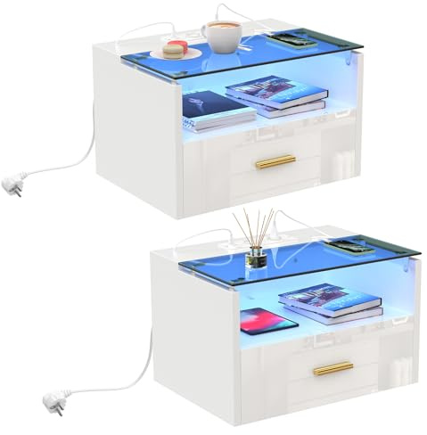 CHOWGOLI Nachttisch Hängend 2er Set, Nachtschrank Wandmontage mit Steckdose und Ladefunktion, mit LED-Streifen, Nachttisch Schwebend mit 1 Schubladen und 1 Offenem Fach, 42x30x24.5 cm, Weiß